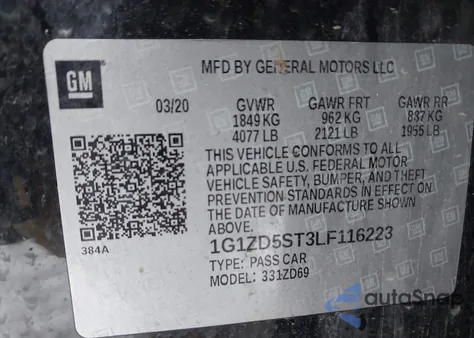 2020 Chevrolet Malibu Fwd Lt z USA, uszkodzony, nr VIN 1G1ZD5ST3LF116223